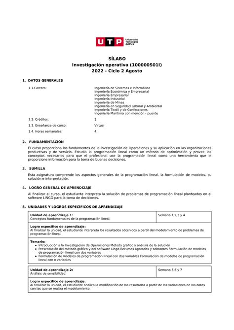 100000 S01i Investigacion Operativa SÍlabo Investigación Operativa