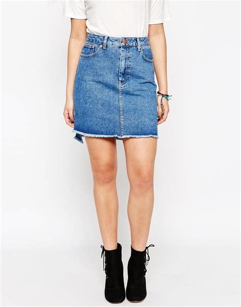 Image Of Asos Denim Pencil Skirt With Step Hem In Mid Wash Blue