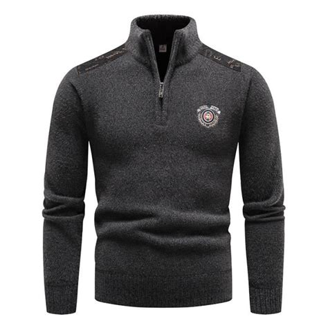 Pull à Col Zippé Homme en Tricot Chaud Doublé Polaire Pullover Col