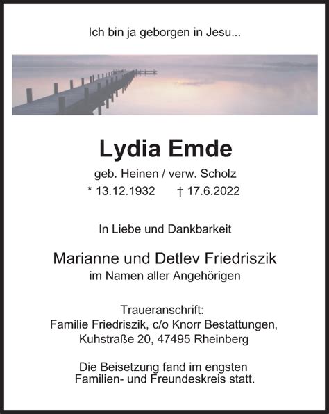 Traueranzeigen Von Lydia Emde Trauer In Nrw De