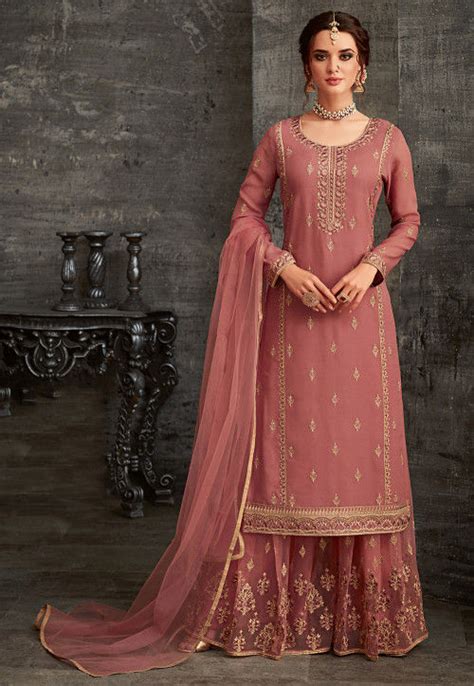 Buy Embroidered Georgette Pakistani Suit In Dusty Pink Online Kch