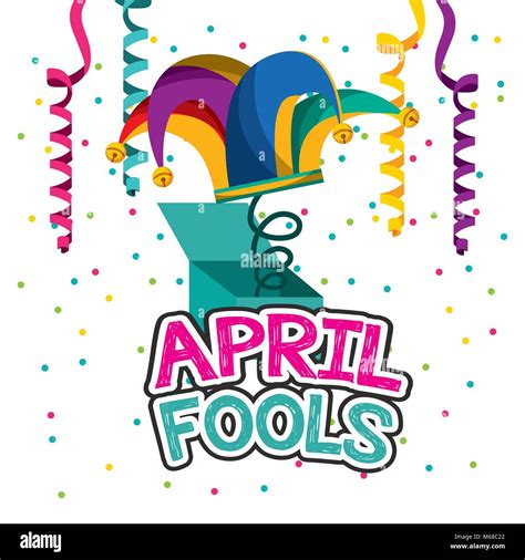 April Fools Day Jester Hat In Box Hang Streamers And Confetti Vector