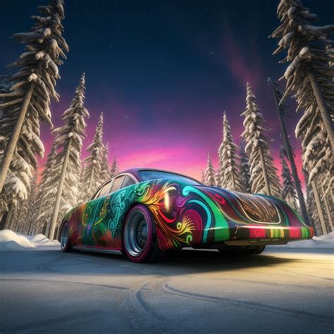 Premium Ai Image Brightly Colored Car In A Snowy Forest With A Bright