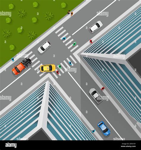 Top View On City Crossroad In D Design With Cars Pedestrians Truck In