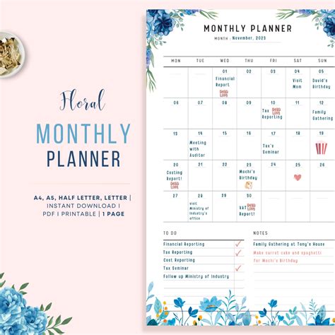 Blue Floral Monthly Planner Printable in Minimalist and Clean Design