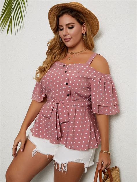 Plus Cold Shoulder Polka Dot Belted Blouse Belt Blouse Printed