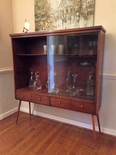 Mid Century Walnut Display Cabinet With Glass Doors Splayed Tapered Legs And Drawers Epoch