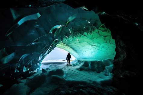 Un Homme Se Tient Dans Une Grotte De Glace Avec Une Lumi Re Bleue Au