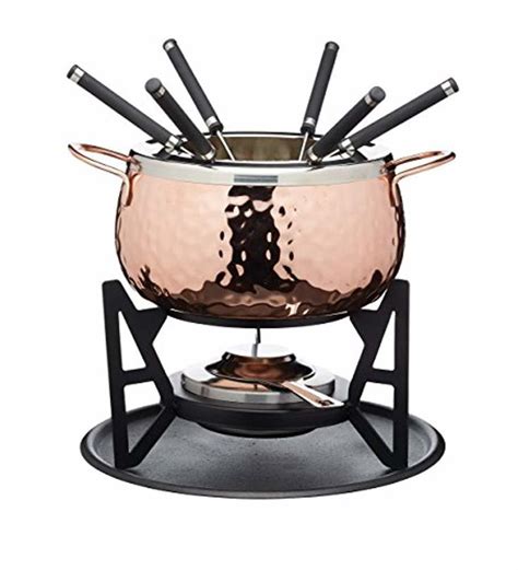 Artesa Hammered Copper Finish Six Person Fondue Set Stainless Steel