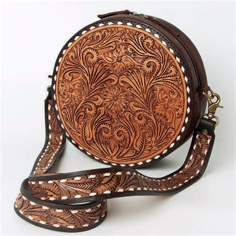 Western Hand Tooled Leather Canteen Purse Round Leather Purse Leather