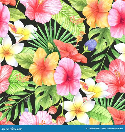 Seamless Pattern Tropical Hibiscus Flower Orange Pink Red Watercolor