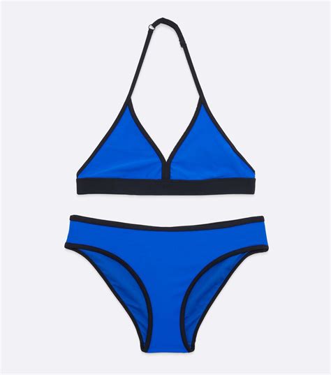 Girls Blue Contrast Trim Triangle Bikini Set New Look