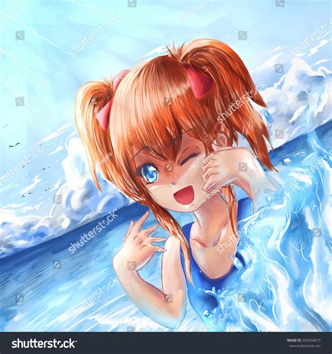 Cute Anime Girl Swimming Sea 스톡 일러스트 359934815