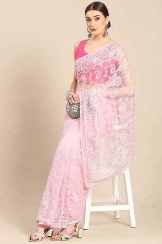 Admyrin Pink Net Woven Saree With Blouse Piece At Banarasi