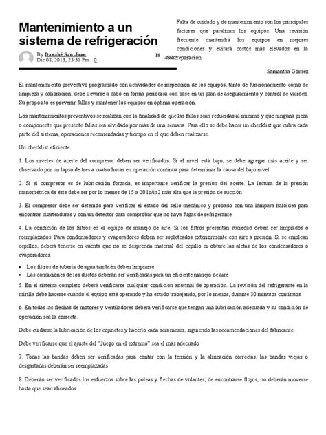 Mantenimiento A Un Sistema De Refrigeración Revista Cero Grados Pdf Refrigeración Lubricante