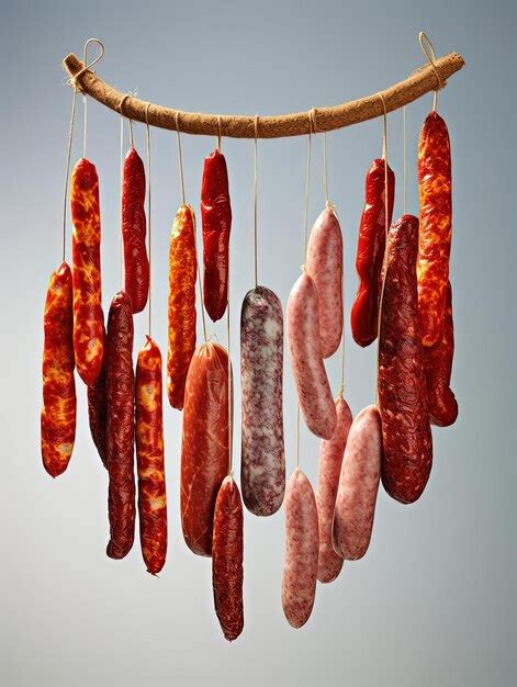 Premium Ai Image Various Sausages Hanging From String On A White