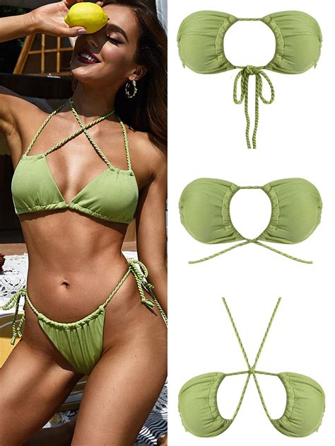 Zaful Bikini Acanalado Con Aros Traje De Ba O Reversible De Corte Alto