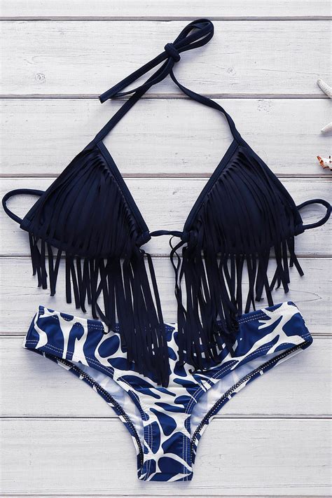 Printed Tassels Spliced Bikini Set Bandeau Bikini Bikini Set Thong