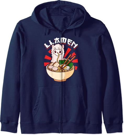 Llama Eating Ramen Noodles Japanese Funny Llamen Noodle Zip Hoodie