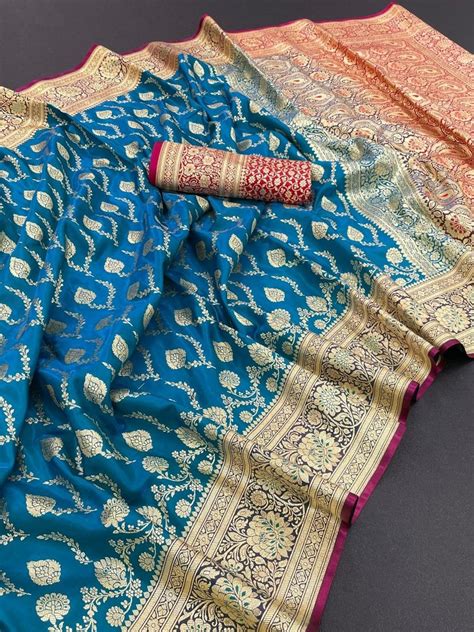 Zari Work Weaving Pure Banarasi Silk Saree 5 5 M Separate Blouse