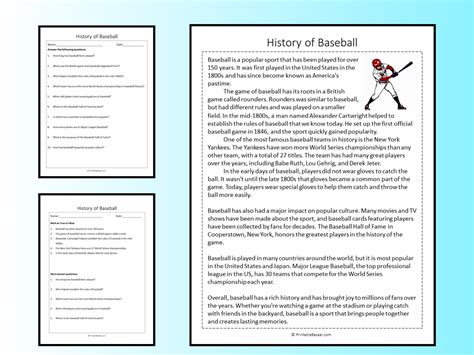 History Of Baseball Reading Comprehension Passage Printable Worksheet