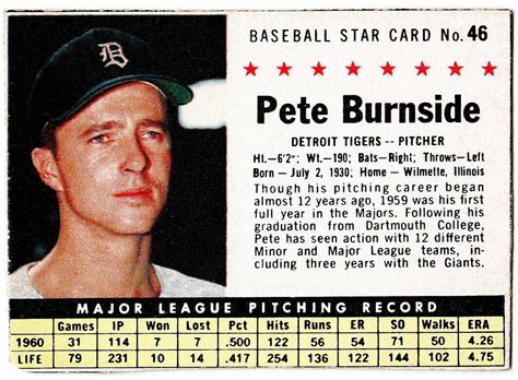 1961 POST 46 PETE BURNSIDE Detroit Tigers Baseball Card EBay