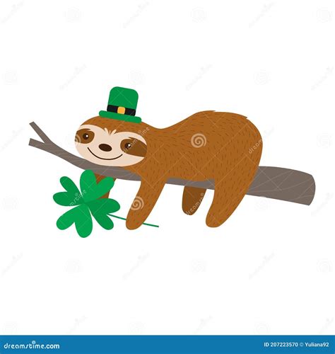 St Patrick`s Day Vector Illustration Sloth Wearing Leprechaun Hat Cartoon Sloth With Clover