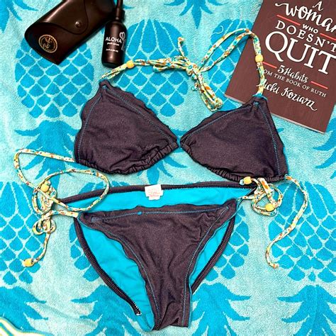 Xhilaration String Bikini In Denim With Floral And Wo Gem