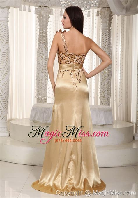 Champagne Column One Shoulder Brush Train Taffeta And Zebra Beading