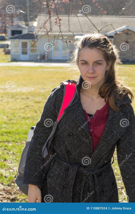 Pretty Young Girl Coming Home From School Stock Photo Image Of Spring