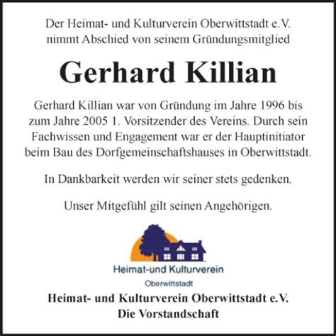 Traueranzeigen Von Gerhard Killian Trauerportal Ihrer Tageszeitung