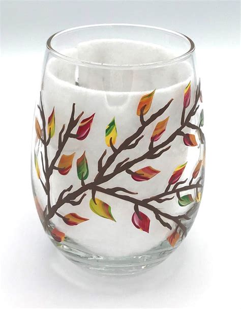 Stemless Wine Glass Fall Leaves Hand Painted Etsy