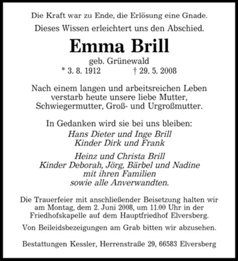 Traueranzeigen Von Emma Brill Saarbruecker Zeitung Trauer De