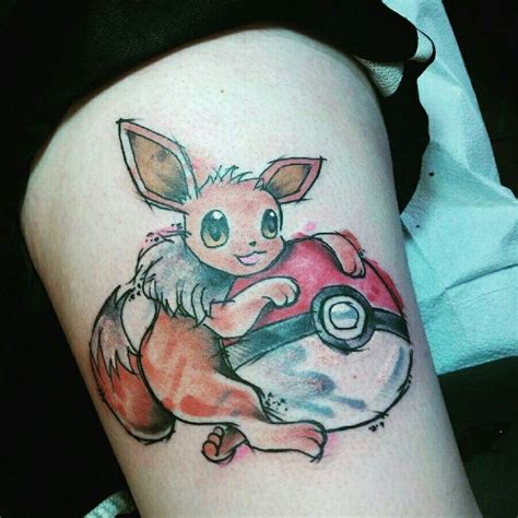 Watercolor Eevee And Pokeball Pokemon Thigh Tattoo By Anna Spitz