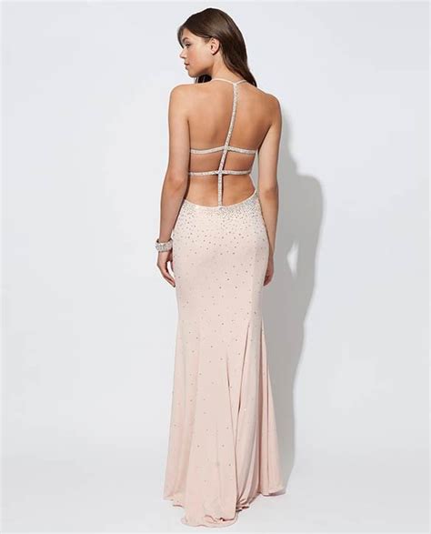 Sexy Front Key Hole Backless Long Light Pink Chiffon Beaded Prom Dress