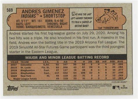 ANDRES GIMENEZ RC 2021 TOPPS HERITAGE ROOKIE ACTION VARIATION HIGH