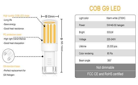 TRIJZHOU G9 LED Bulb Dimmable Warm White 2700K COB G9 LED Bulb 5W G9