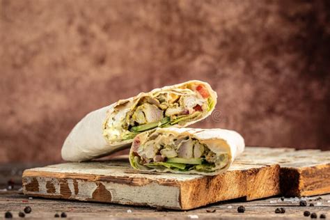 Shaurma Kebab Pita Gyros Wrap Sandwich Stuffed With Sausages From