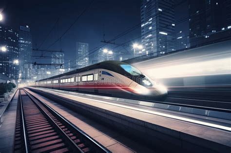 Modern High Speed Train At Night Fast Train In City With Motion Blur