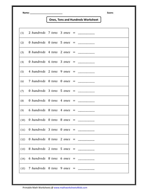 Ones Tens And Hundreds Worksheet With Answers Download Printable Pdf Templateroller