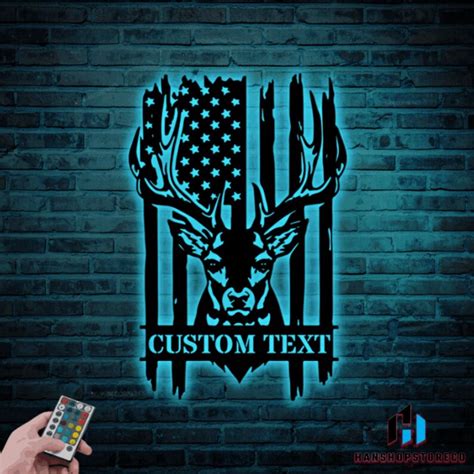 Custom Us Flag Deer Hunting Monogram Metal Sign Led Rgb Lights