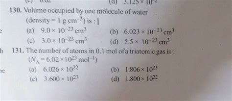 Volume Occupied By One Molecule Of Water Density 1 G Cm3 Is 1 Filo