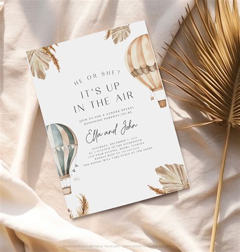 Hot Air Balloon Gender Reveal Invitation Editable Boho Gender Etsy Artofit