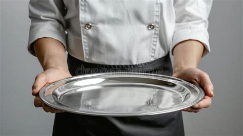 A Waiter Holding An Empty Silver Tray Against A Gray Background Stock