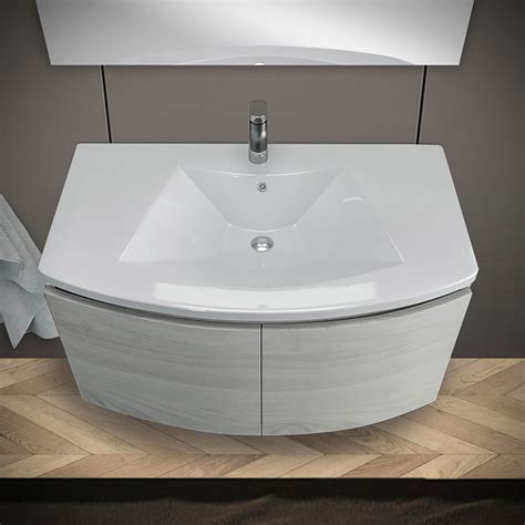 Mobile Bagno Sospeso Curvo Cm Rovere Nordico Con Lavabo E Specchio