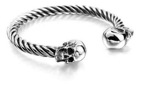 Pulseira Bracelete Masculino Caveira Punk Rock Motoqueiro Prata Aço