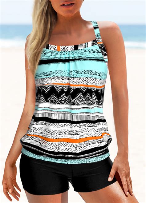 Rotita Criss Cross Multi Color Geometric Print Tankini Top Rotita