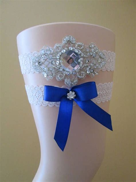 Royal Blue Wedding Garter Set Something Blue Garter W Blue Bow Ivory