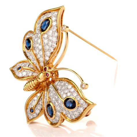 1950s Designer Butterfly Diamond Sapphire 18 Karat Gold Pin Brooch At