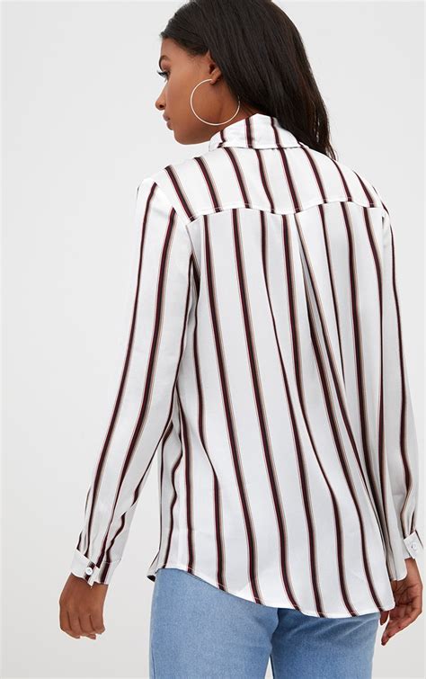 White Satin Stripe Shirt Tops Prettylittlething